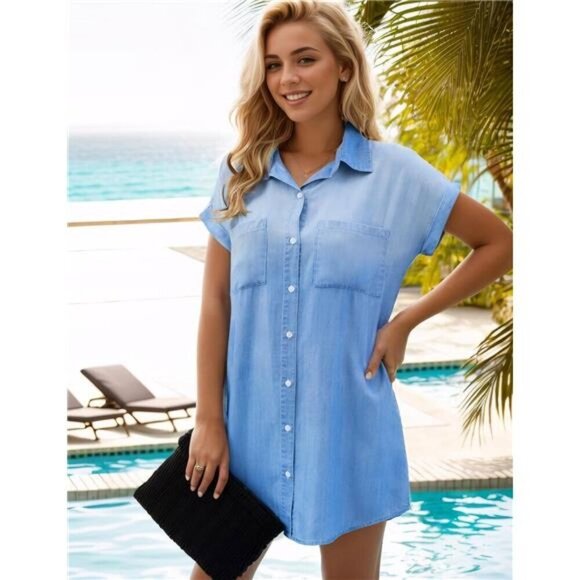 Women's Denim Shirt Dress Button Down Distressed Jean Casual Tunic Top - Picture 4 of 7